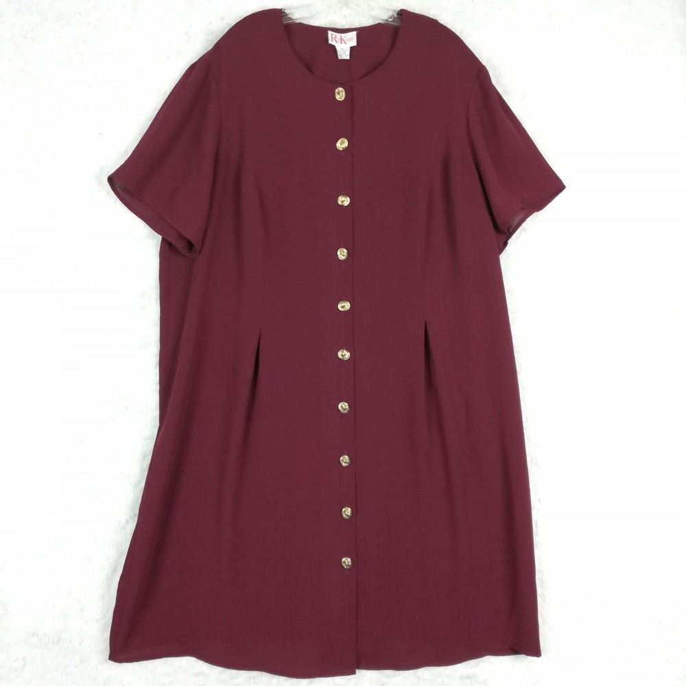 R & K Womens Dress Button Down‎ Short Sleeve Burgundy Below Knee Plus 26